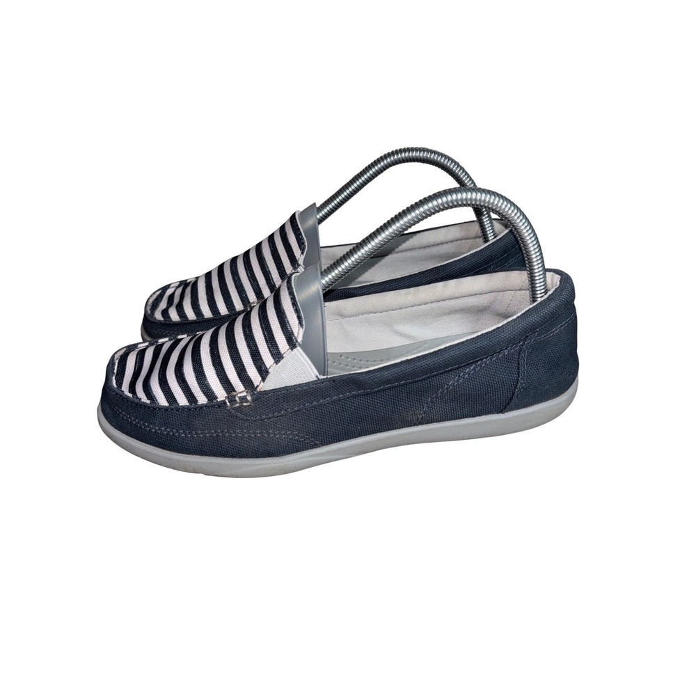 Crocs Walu Canvas Loafers Womens 9 Navy Blue Striped Slip On Boat Shoes Nautical